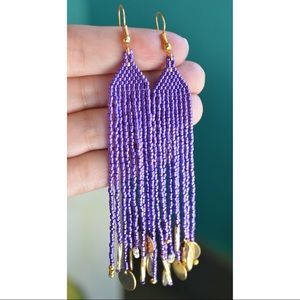MIYUKI seed beaded handmade earrings, purple and gold, extra long